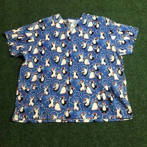 Fundamentally Cotton Blue Holiday Penguins Short Sleeve V-neck Scrub Top Size XL